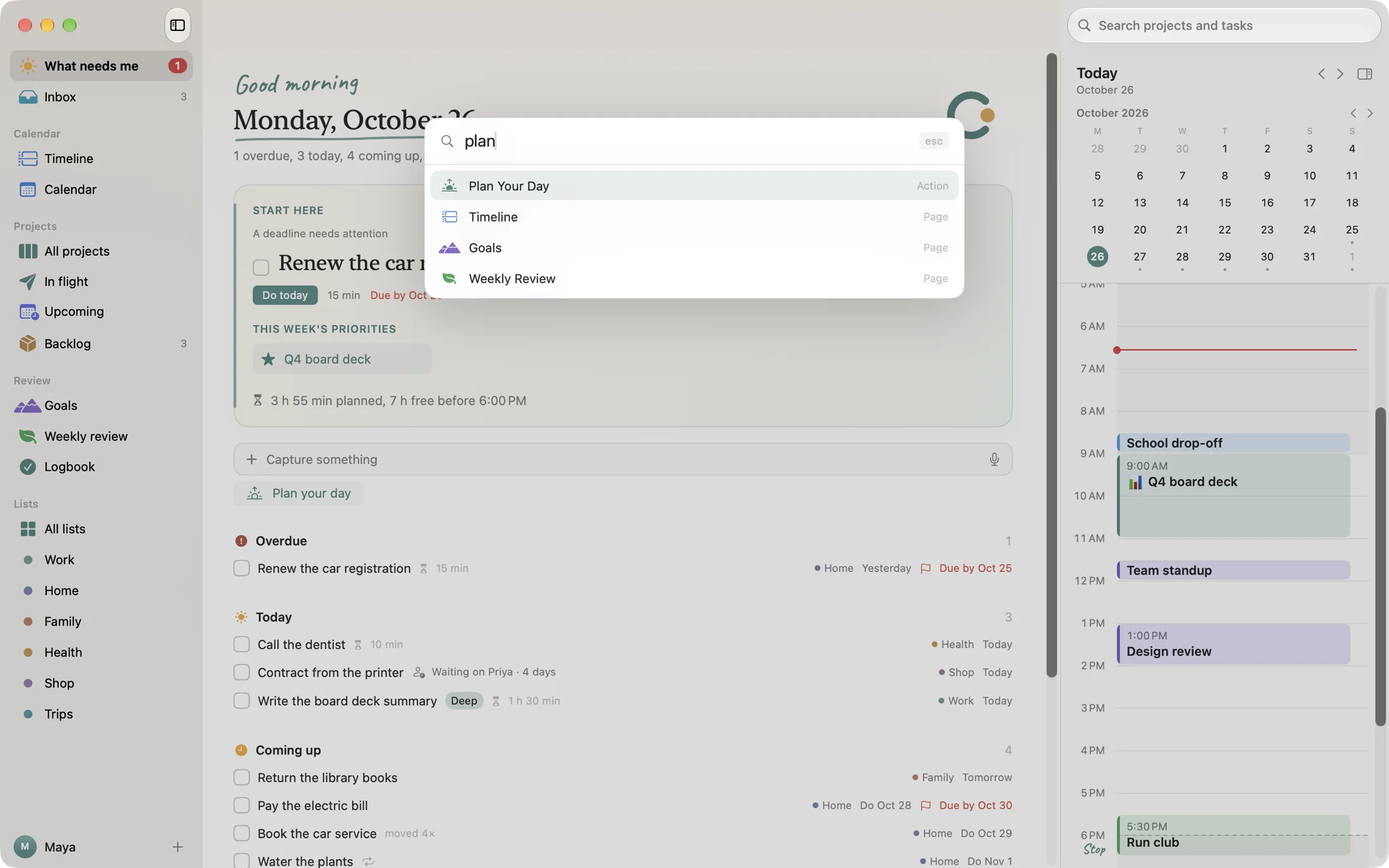 The command menu, searching for plan.