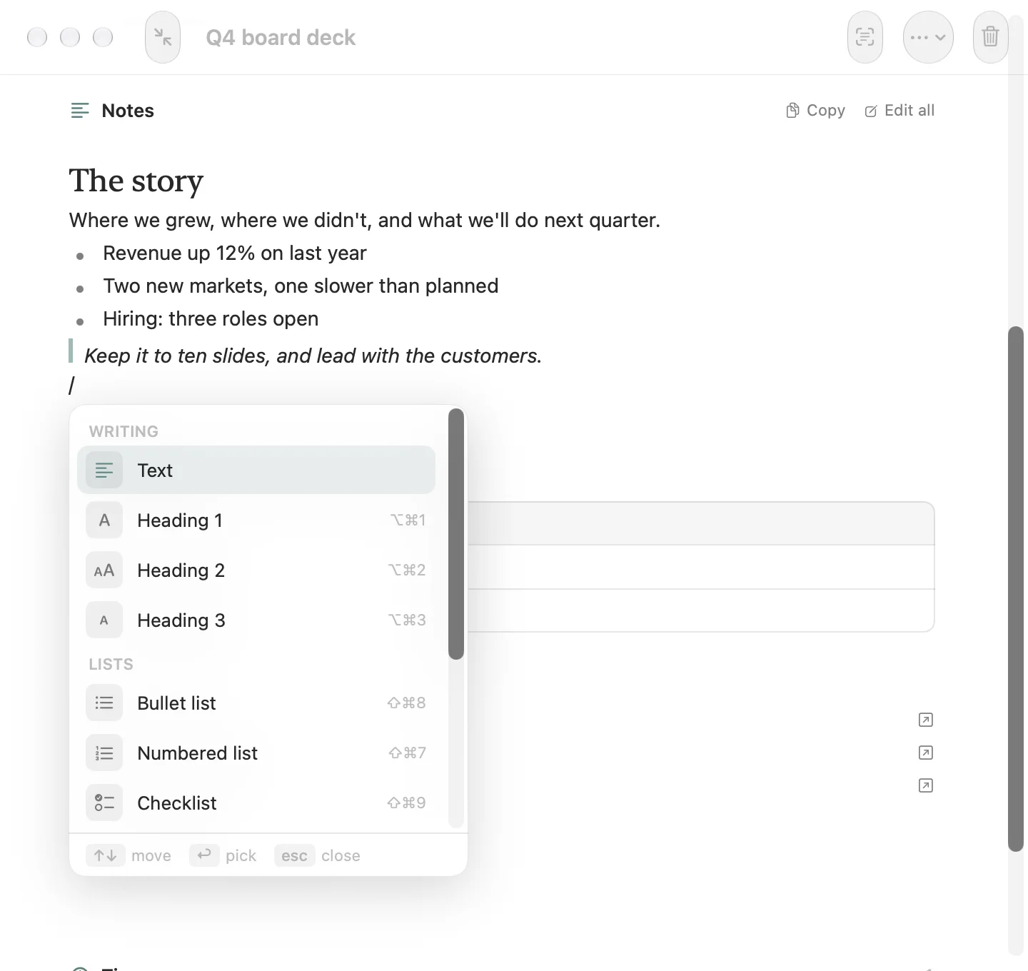 A project's notes with the slash menu open under a new line: Text, Heading 1 to 3, Bullet list, Numbered list and Checklist.
