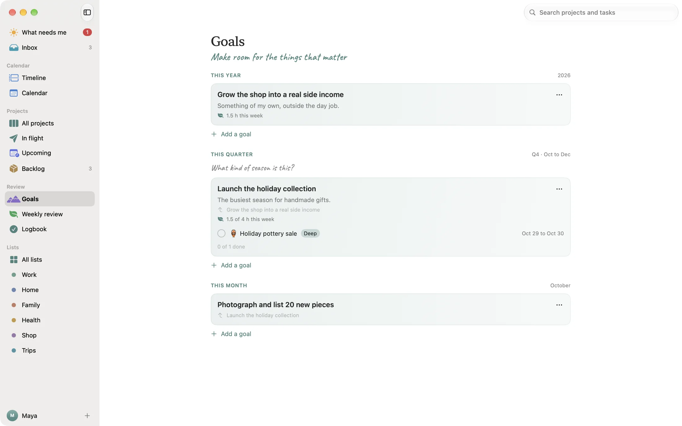 Goals for the year, quarter and month, each with the deep time blocked for it.