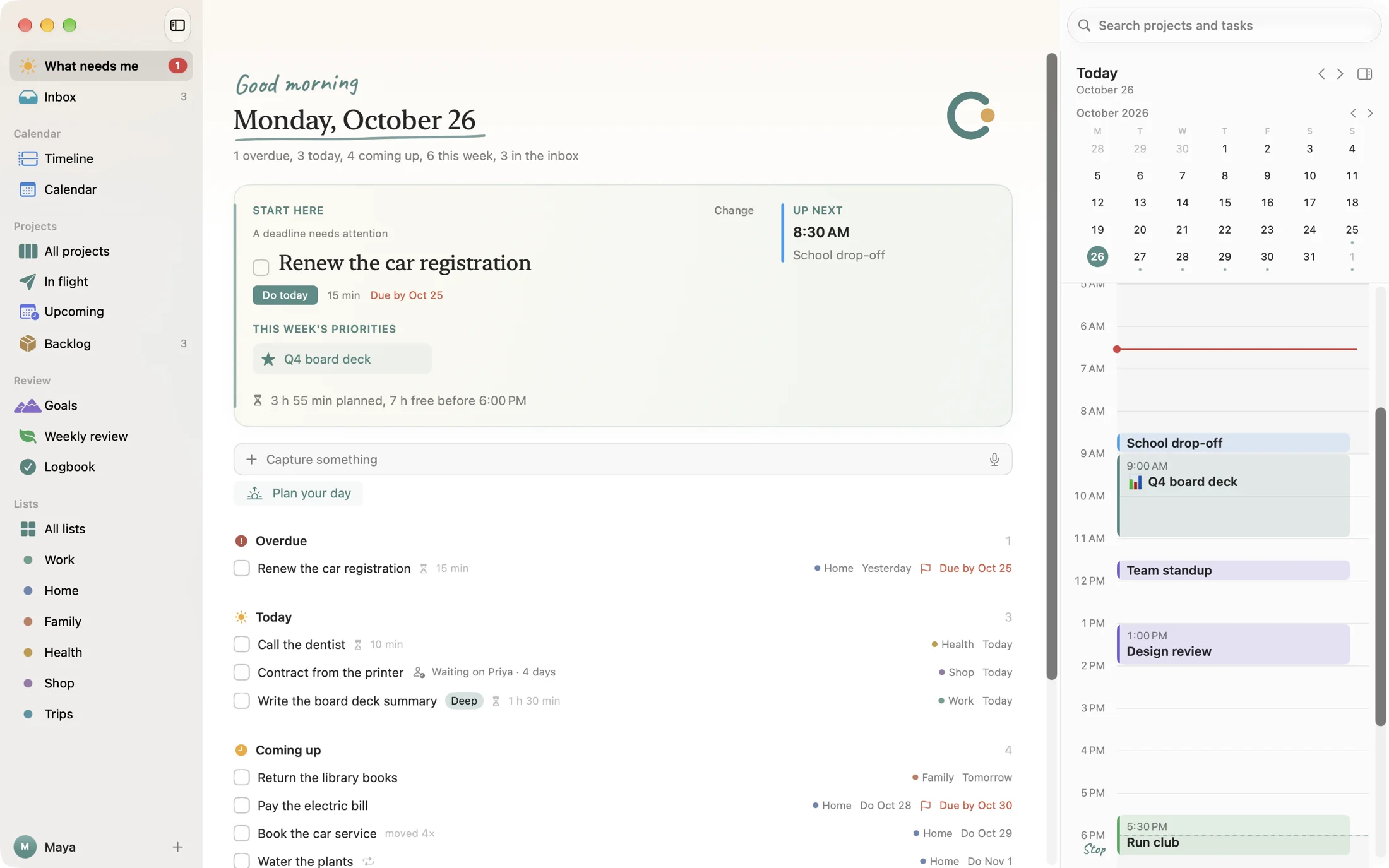 Clearing's What needs me screen: a starting point for the day, an overdue car registration, today's tasks, and the day's meetings and time blocks beside them.