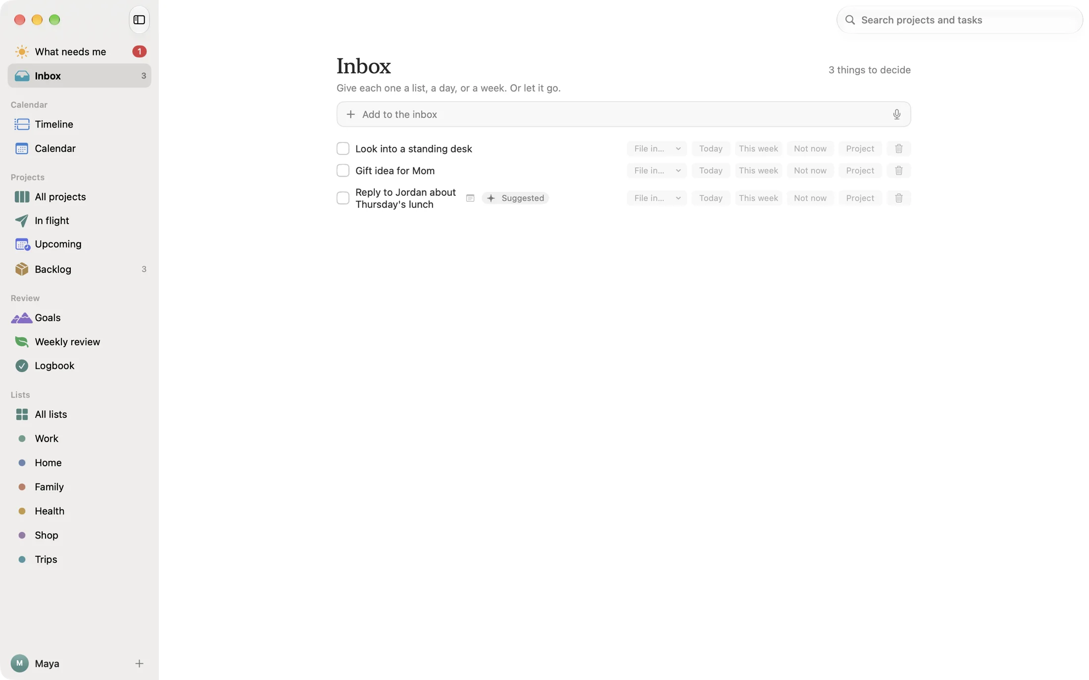 The Inbox with captured things waiting to be sorted, one suggested by an assistant.