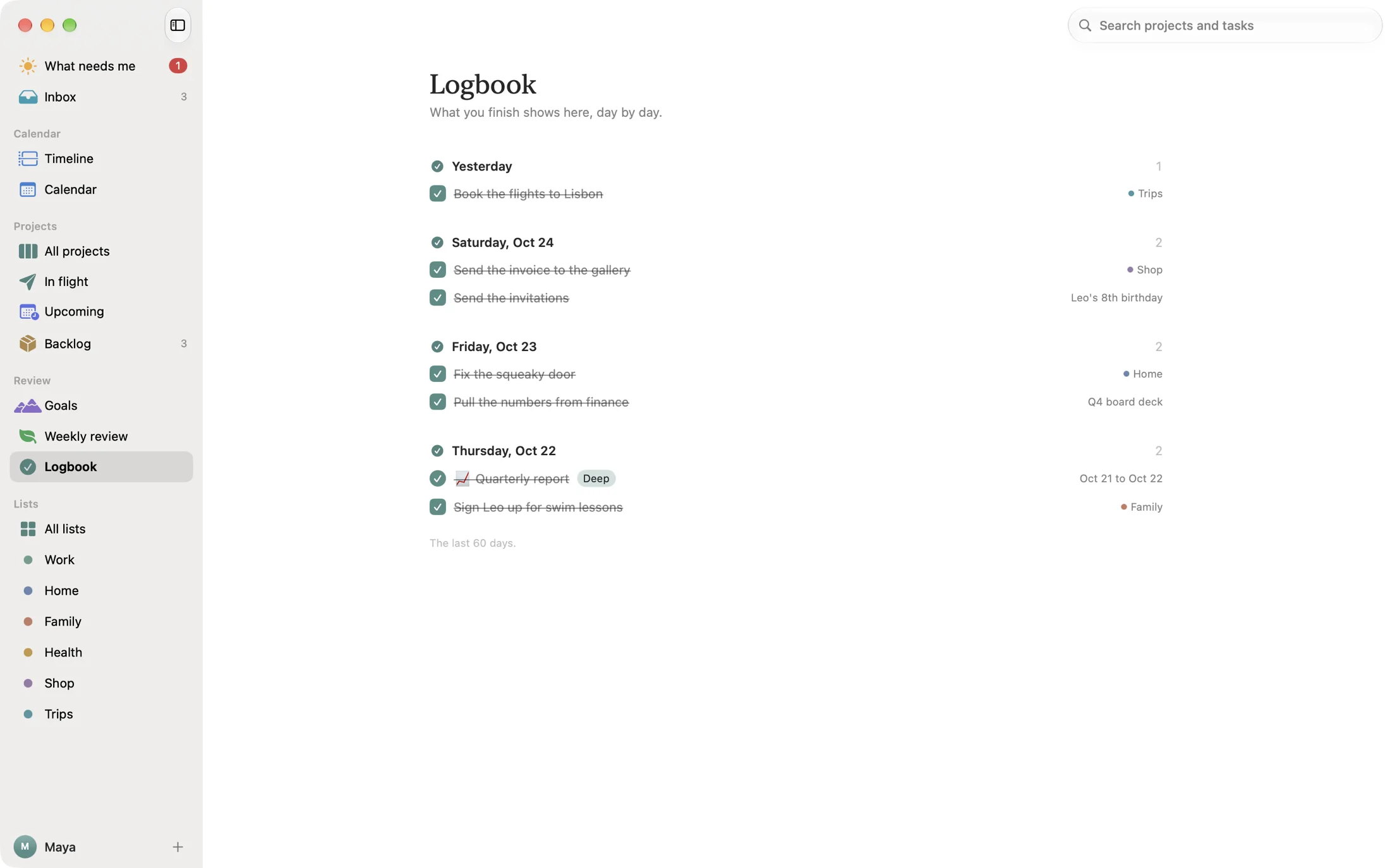 The Logbook: what got finished, day by day.