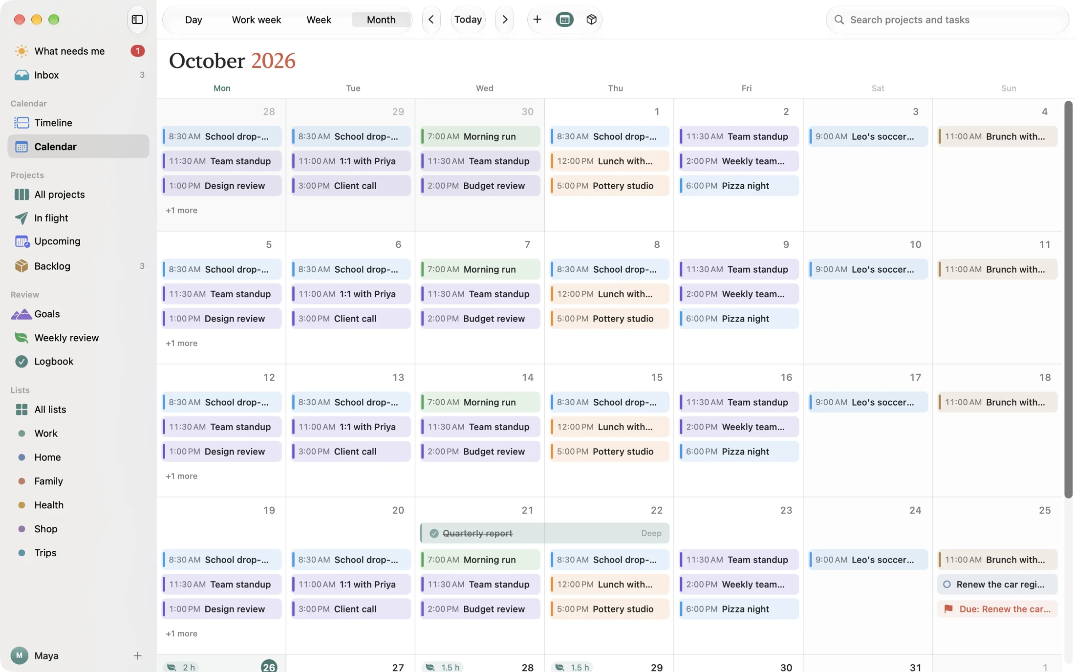 The Month view with projects, events and tasks.