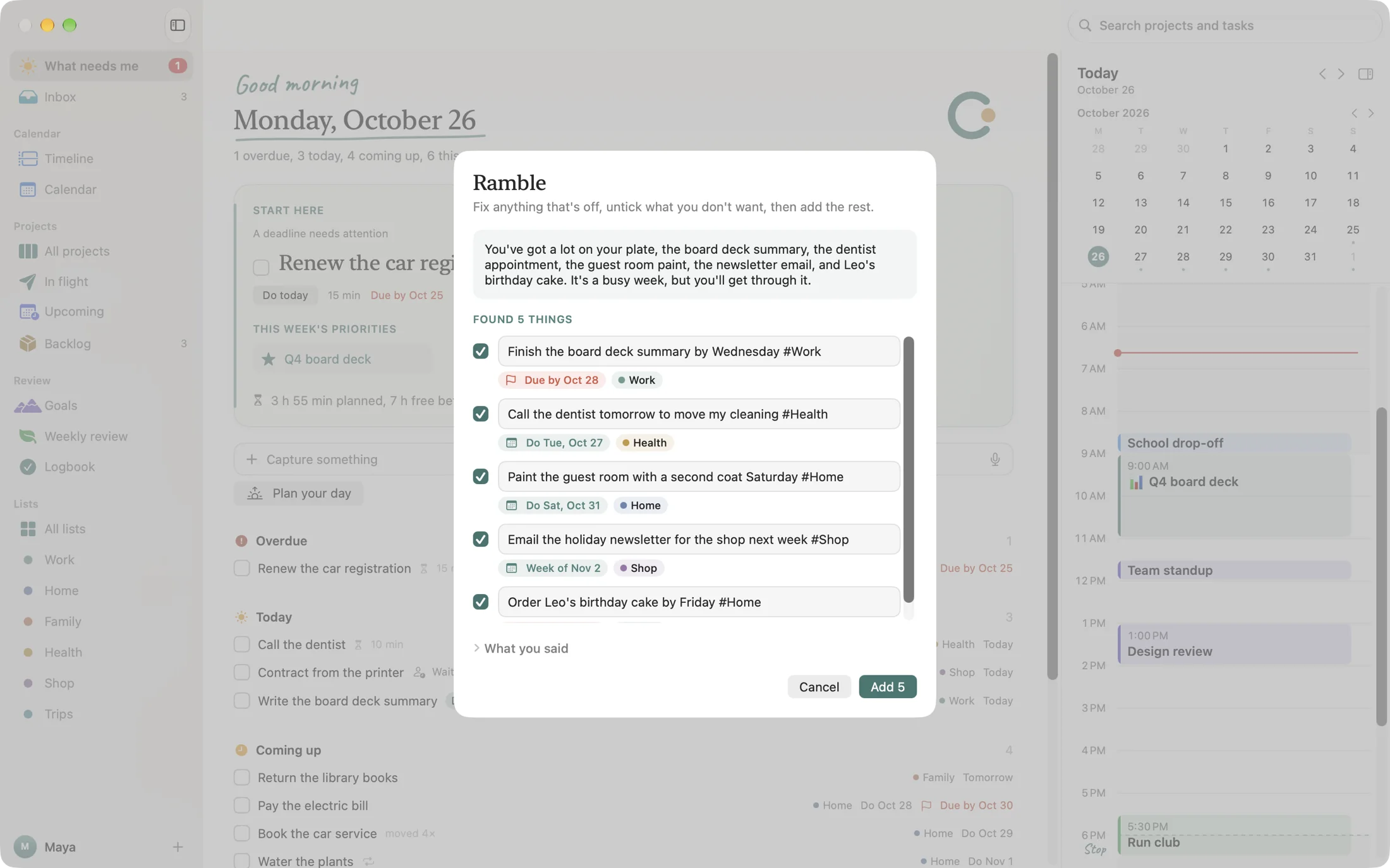 Ramble's review: a short summary of what was said, and five tasks it found, each with its day and list.