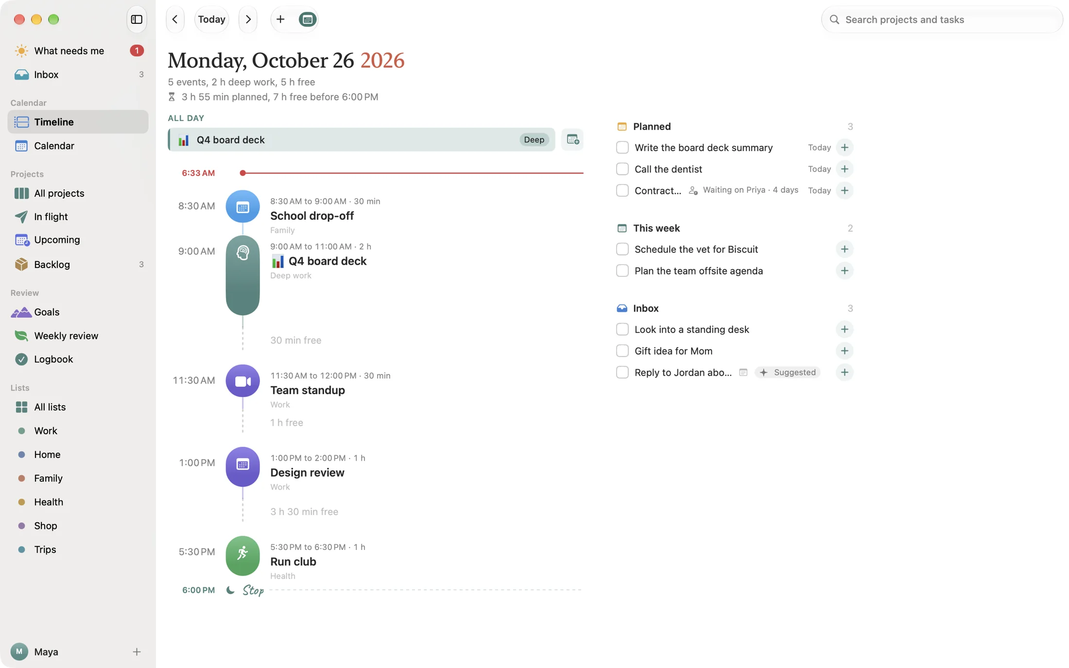 The Timeline: the morning's school drop-off, two hours of deep work on a board deck, meetings, free time and the 6 PM stop.