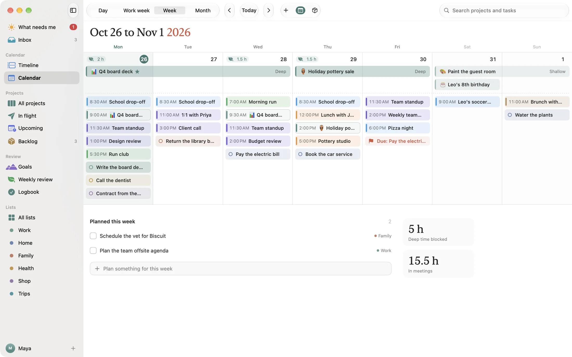 The Week view: project bars across the days, meetings, time blocks and tasks, with deep time blocked and hours in meetings below.